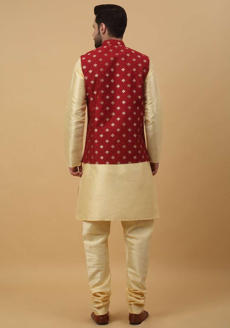 Beige And Red Embroidered Silk Blend Nehru Jacket Set For Men - Indya