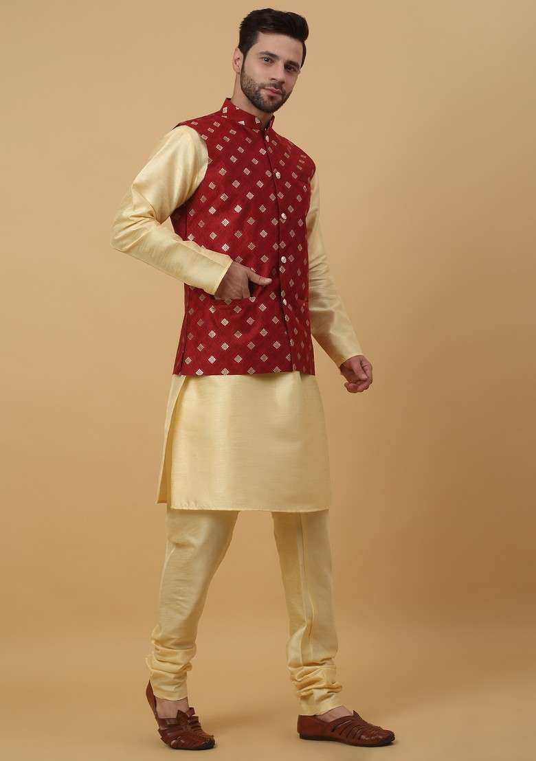 Beige And Red Embroidered Silk Blend Nehru Jacket Set For Men - Indya
