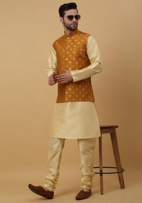 Beige And Yellow Embroidered Silk Blend Nehru Jacket Set For Men