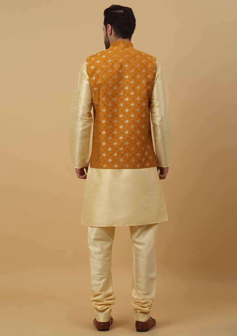 Beige And Yellow Embroidered Silk Blend Nehru Jacket Set For Men - Indya