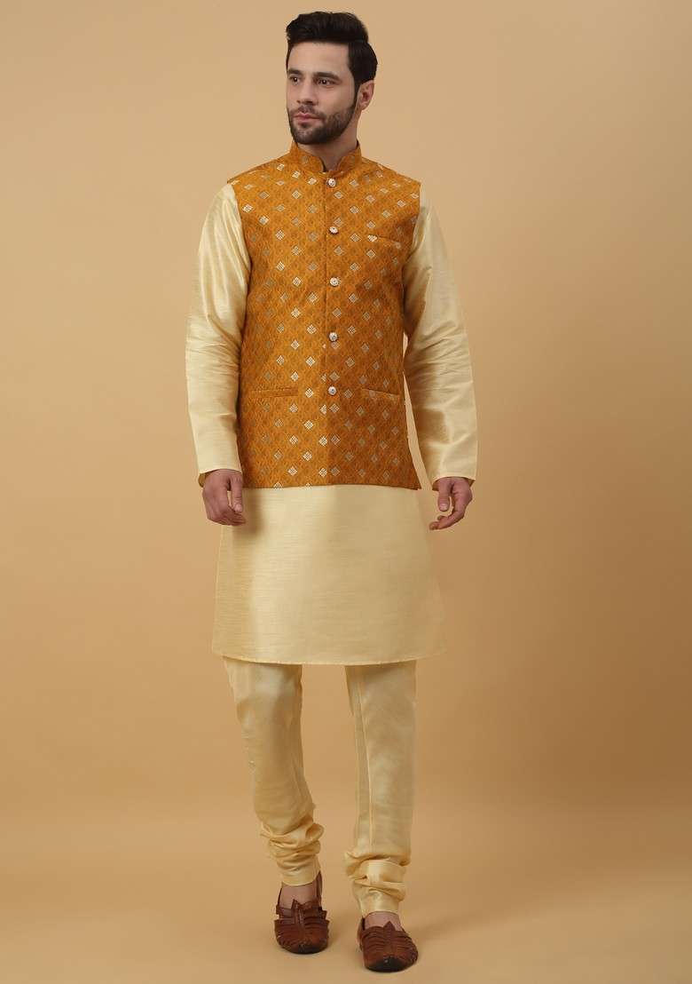 Beige And Yellow Embroidered Silk Blend Nehru Jacket Set For Men - Indya