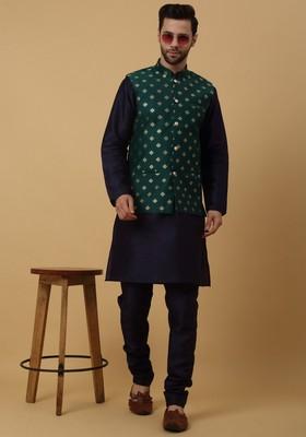 Navy Blue And Green Embroidered Silk Blend Nehru Jacket Set For Men