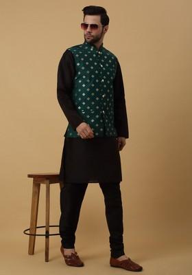 Black And Green Embroidered Silk Blend Nehru Jacket Set For Men