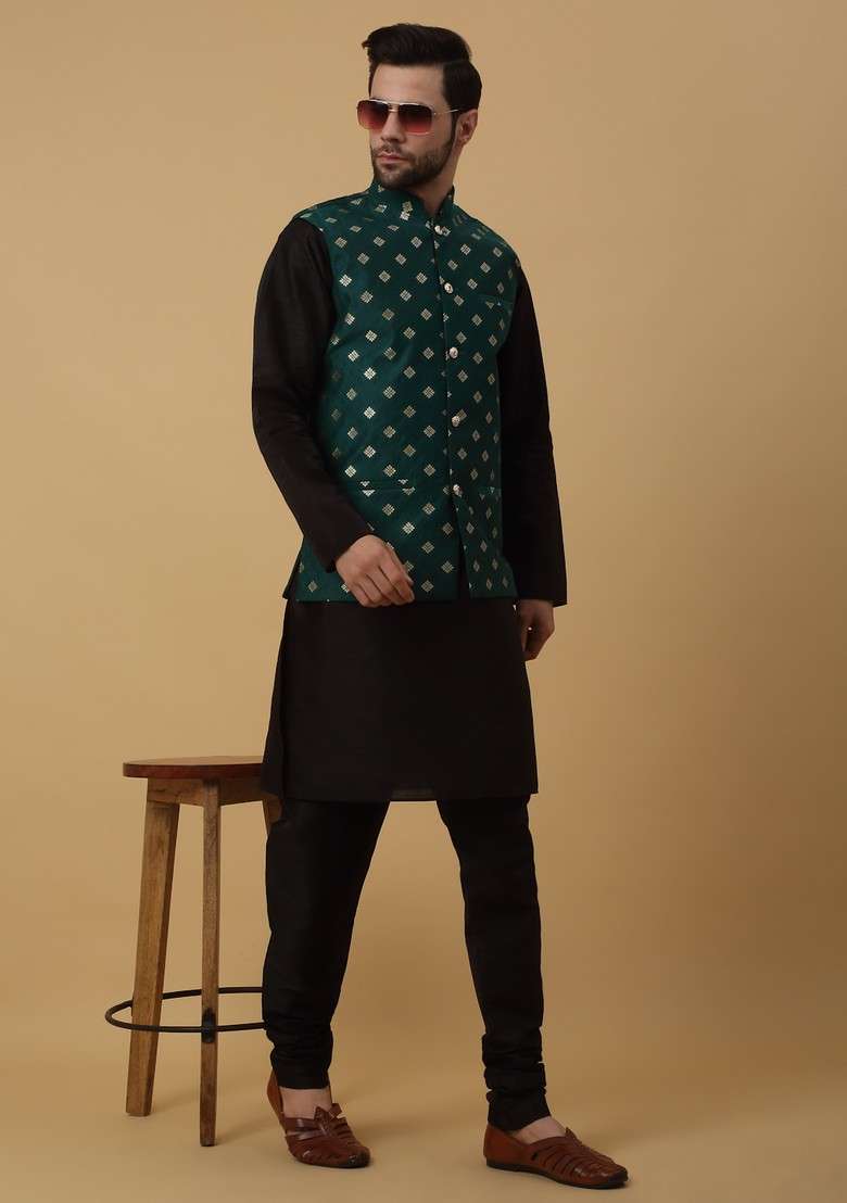 Black And Green Embroidered Silk Blend Nehru Jacket Set For Men - Indya