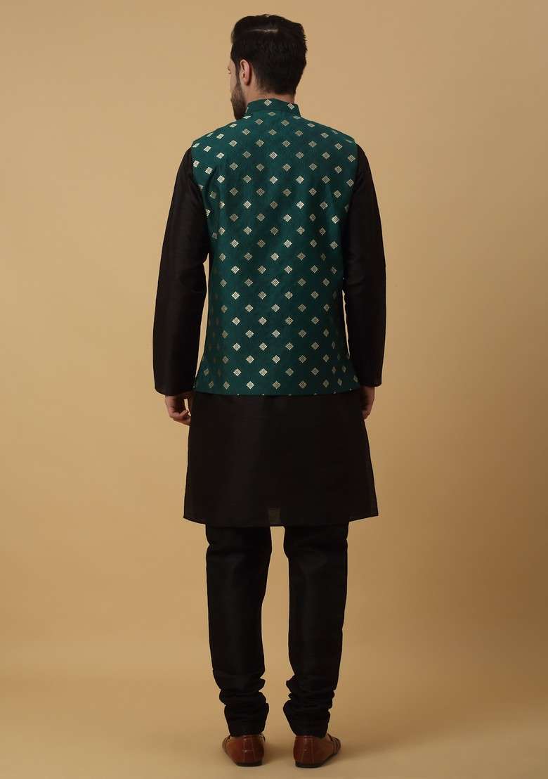 Black And Green Embroidered Silk Blend Nehru Jacket Set For Men - Indya