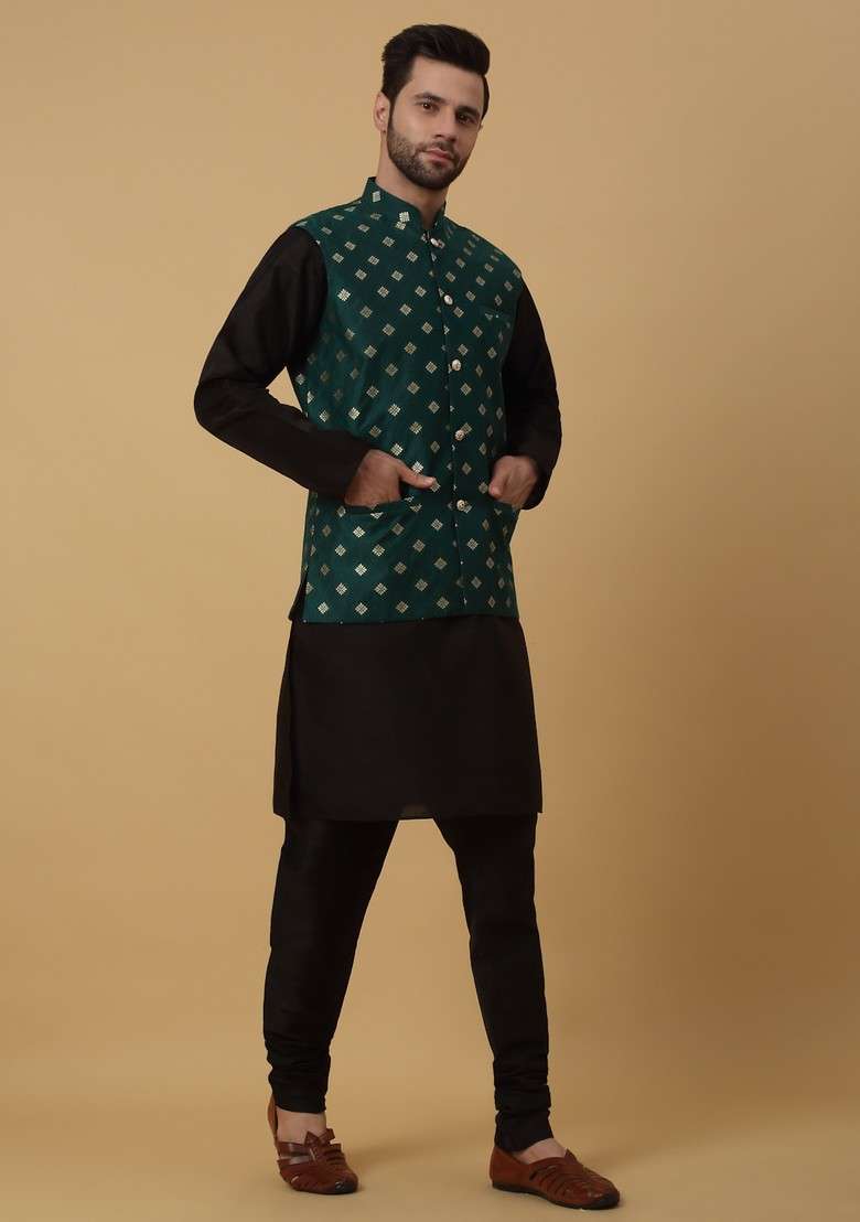 Black And Green Embroidered Silk Blend Nehru Jacket Set For Men - Indya