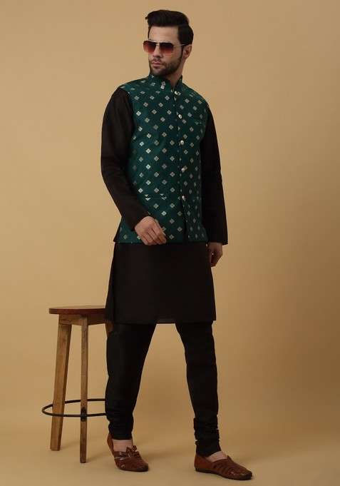 Black And Green Embroidered Silk Blend Nehru Jacket Set For Men