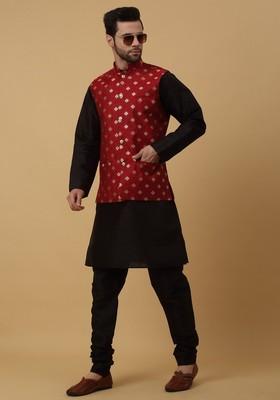 Black And Red Embroidered Silk Blend Nehru Jacket Set For Men
