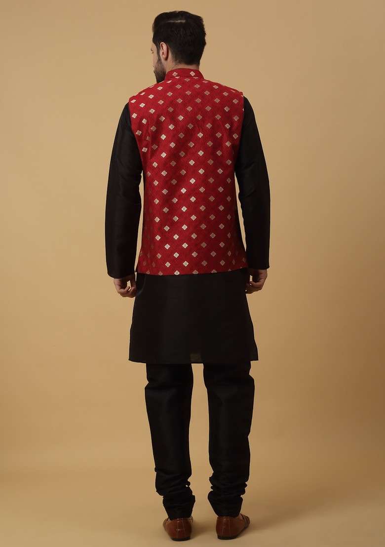 Black And Red Embroidered Silk Blend Nehru Jacket Set For Men - Indya