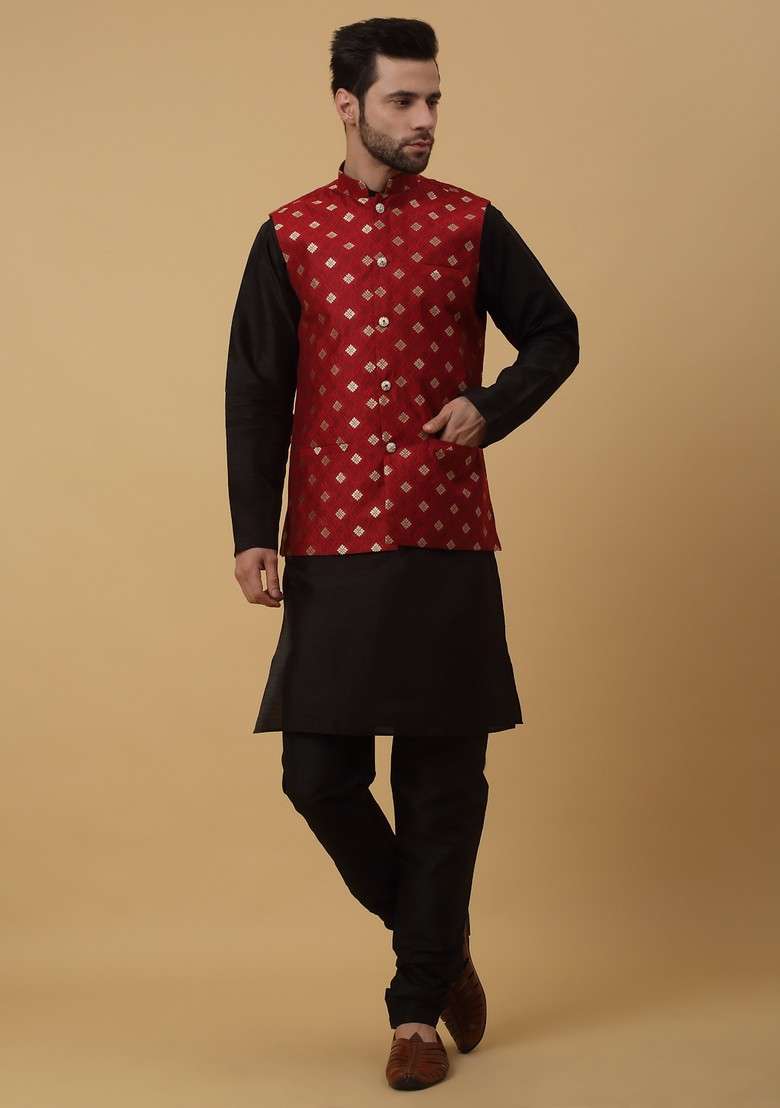 Black And Red Embroidered Silk Blend Nehru Jacket Set For Men - Indya