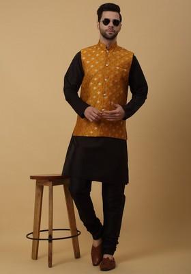Black And Yellow Embroidered Silk Blend Nehru Jacket Set For Men