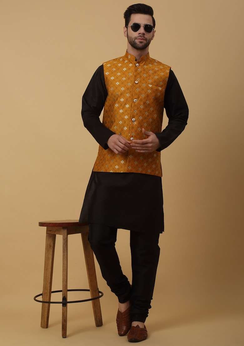 Black And Yellow Embroidered Silk Blend Nehru Jacket Set For Men - Indya
