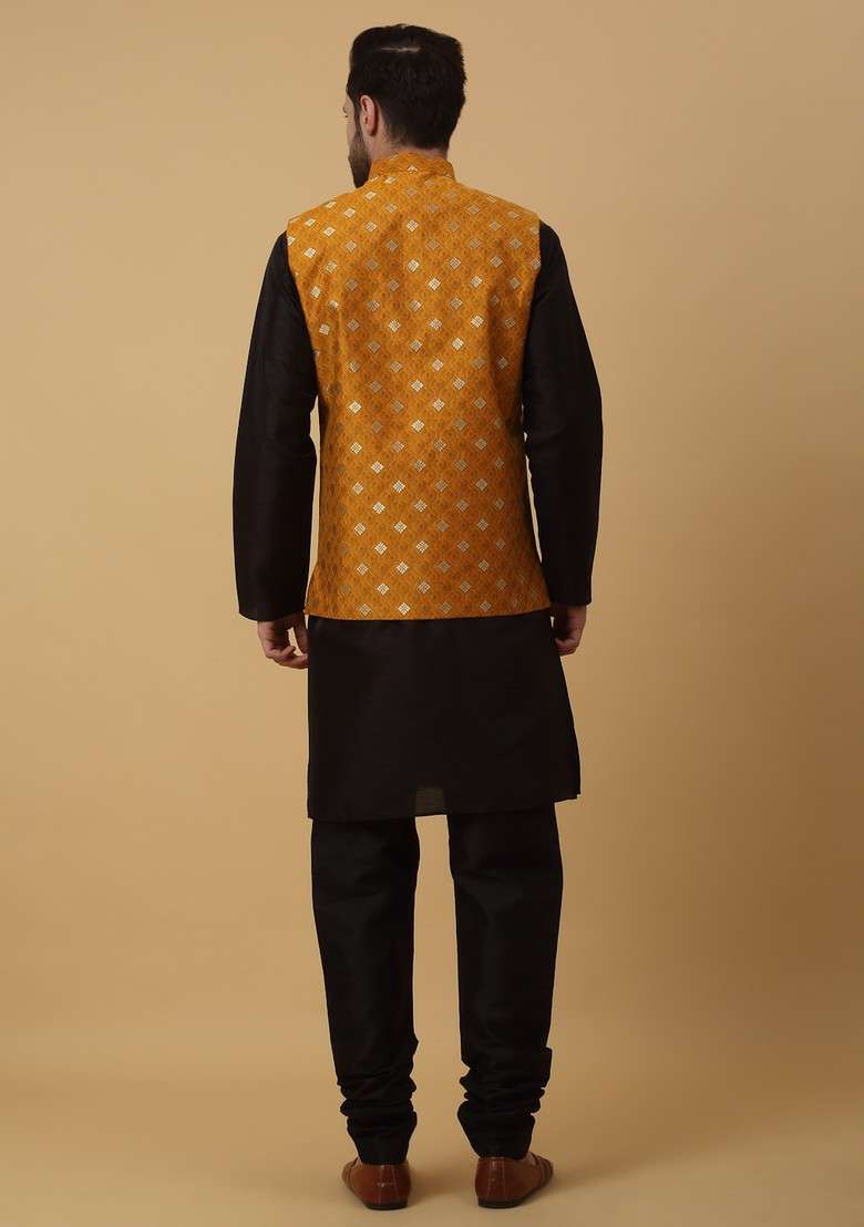 Black And Yellow Embroidered Silk Blend Nehru Jacket Set For Men - Indya