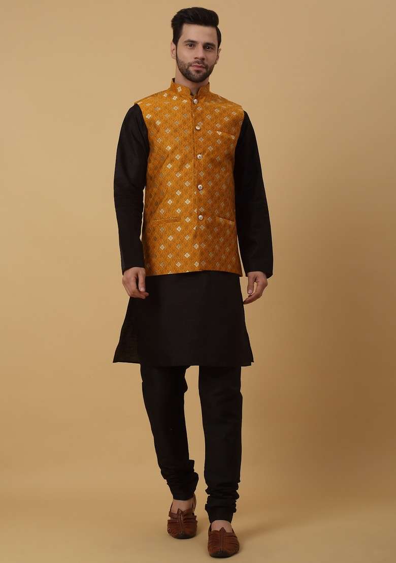 Black And Yellow Embroidered Silk Blend Nehru Jacket Set For Men - Indya