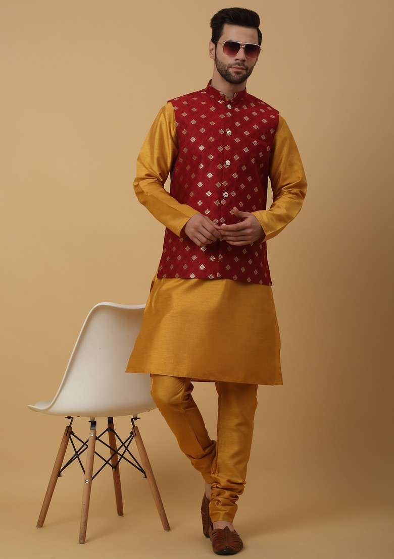 Mustard Yellow And Red Embroidered Silk Blend Nehru Jacket Set For Men - Indya