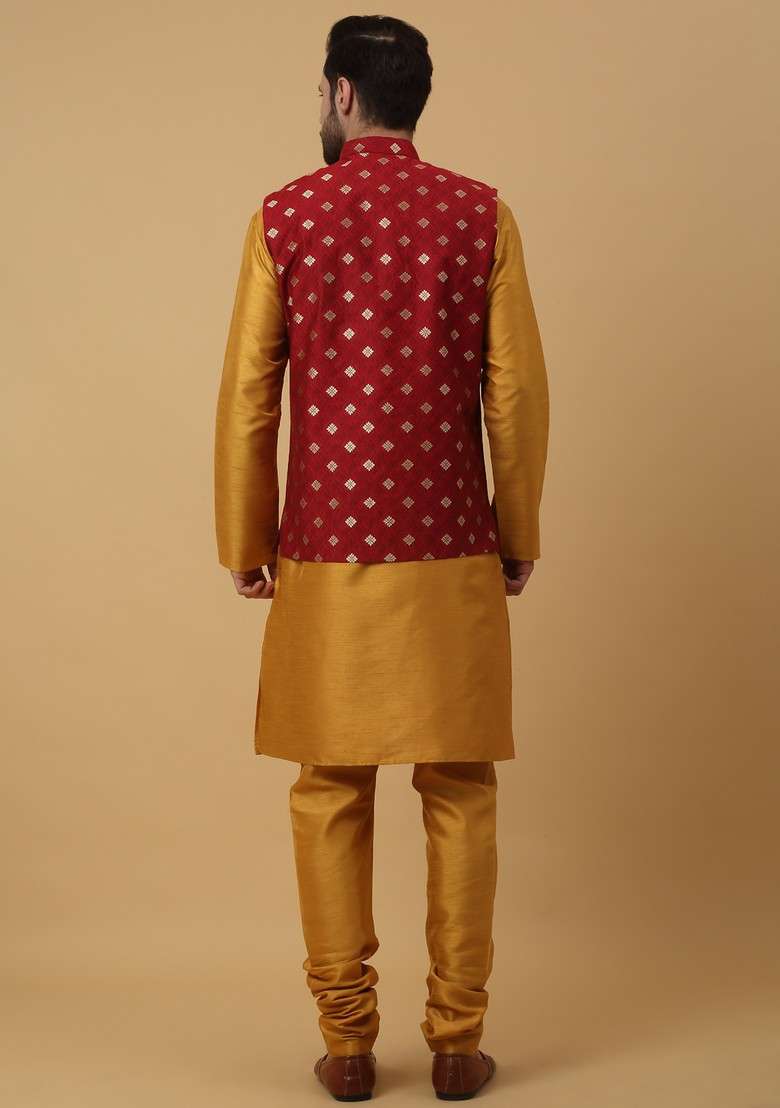 Mustard Yellow And Red Embroidered Silk Blend Nehru Jacket Set For Men - Indya