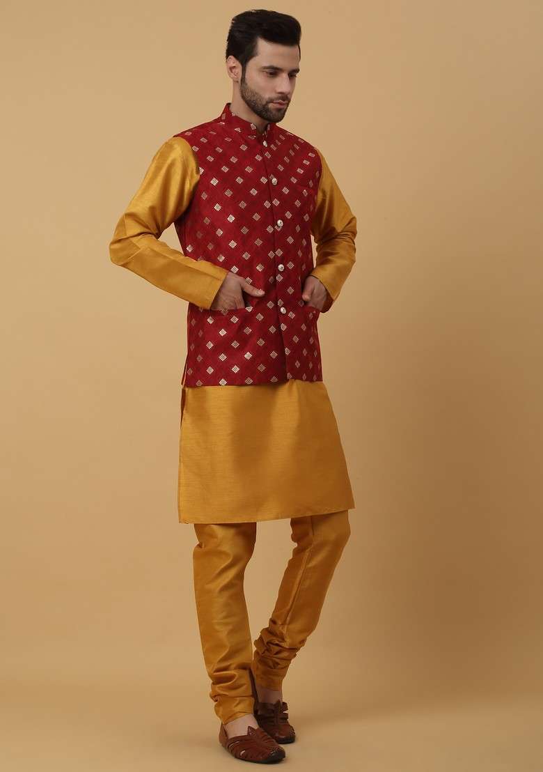 Mustard Yellow And Red Embroidered Silk Blend Nehru Jacket Set For Men - Indya
