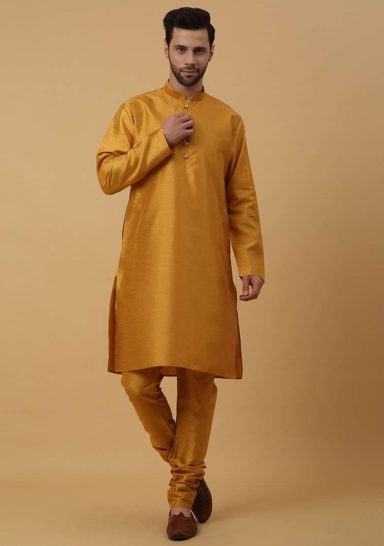 Mustard Yellow And Red Embroidered Silk Blend Nehru Jacket Set For Men - Indya