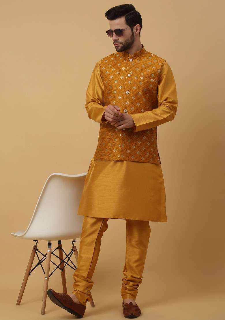 Mustard Yellow Embroidered Silk Blend Nehru Jacket Set For Men - Indya