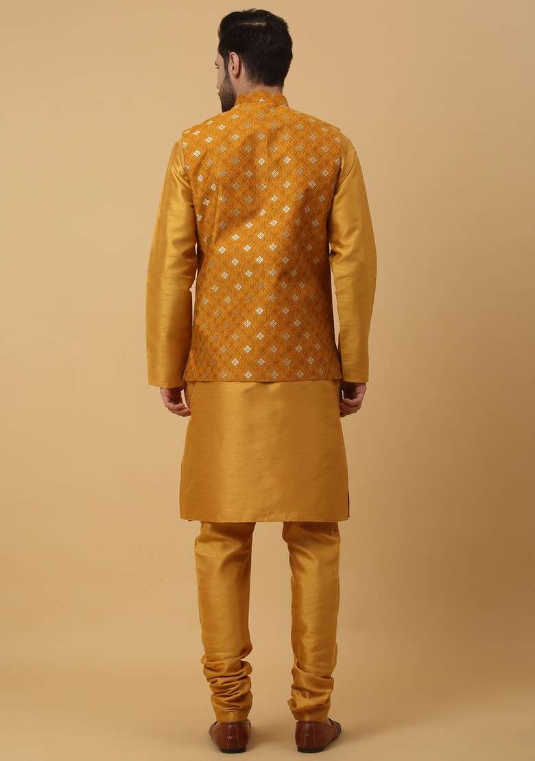Mustard Yellow Embroidered Silk Blend Nehru Jacket Set For Men - Indya