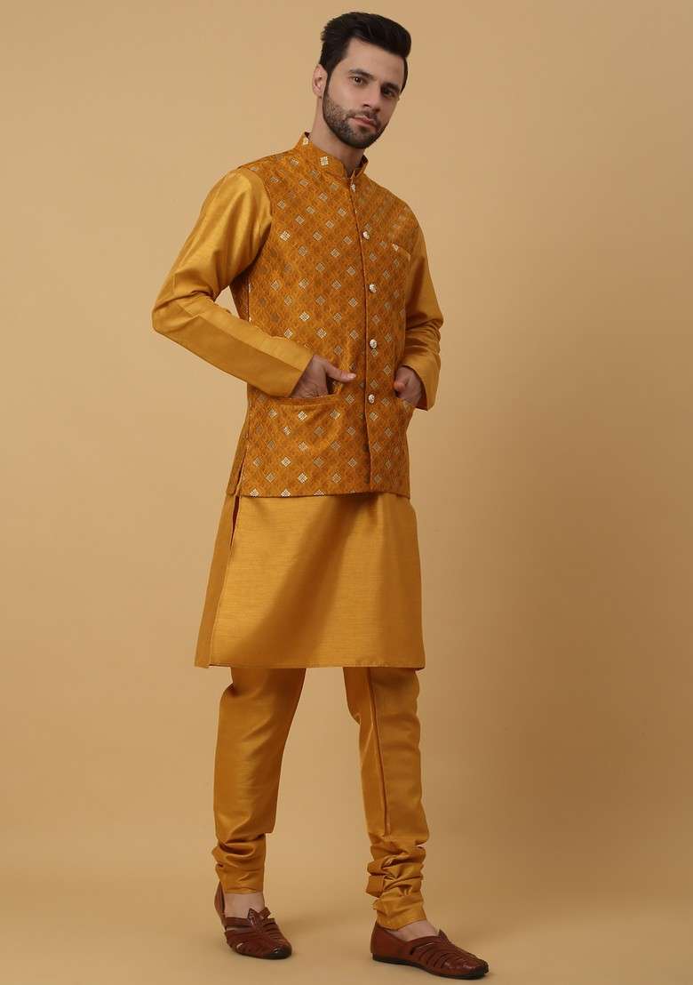 Mustard Yellow Embroidered Silk Blend Nehru Jacket Set For Men - Indya