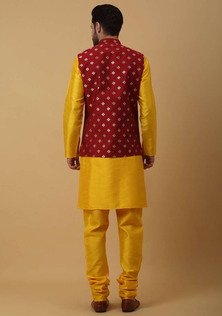 Yellow And Red Embroidered Silk Blend Nehru Jacket Set For Men - Indya