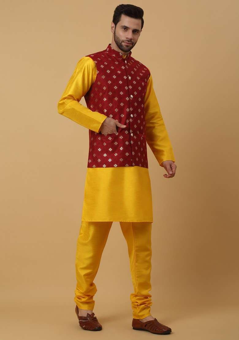 Yellow And Red Embroidered Silk Blend Nehru Jacket Set For Men - Indya