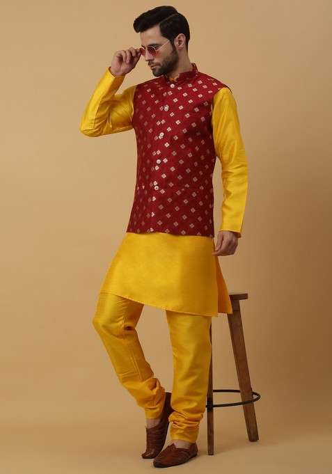 Yellow And Red Embroidered Silk Blend Nehru Jacket Set For Men