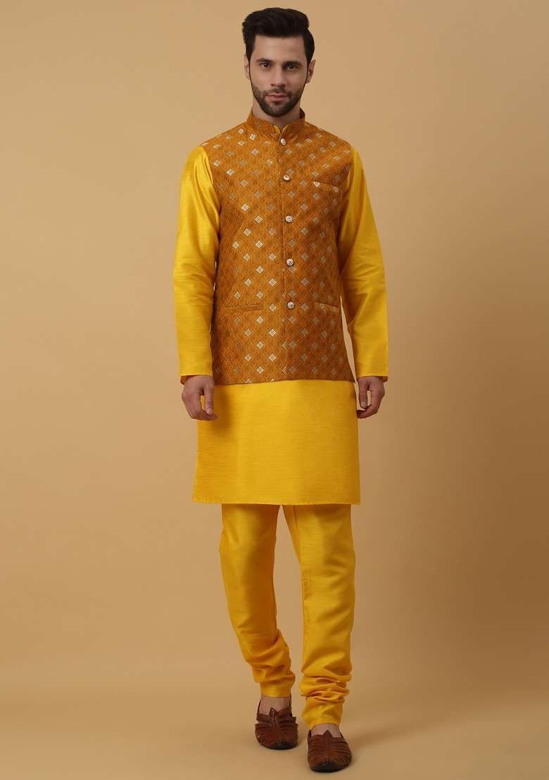 Yellow Embroidered Silk Blend Nehru Jacket Set For Men - Indya