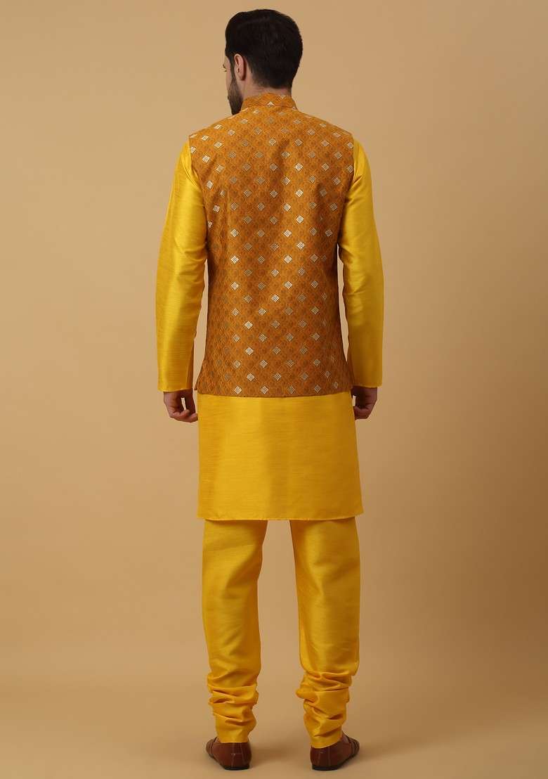 Yellow Embroidered Silk Blend Nehru Jacket Set For Men - Indya