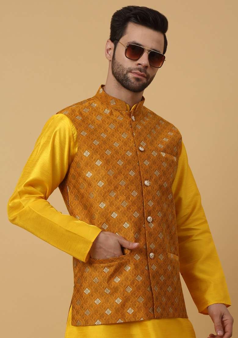 Yellow Embroidered Silk Blend Nehru Jacket Set For Men - Indya