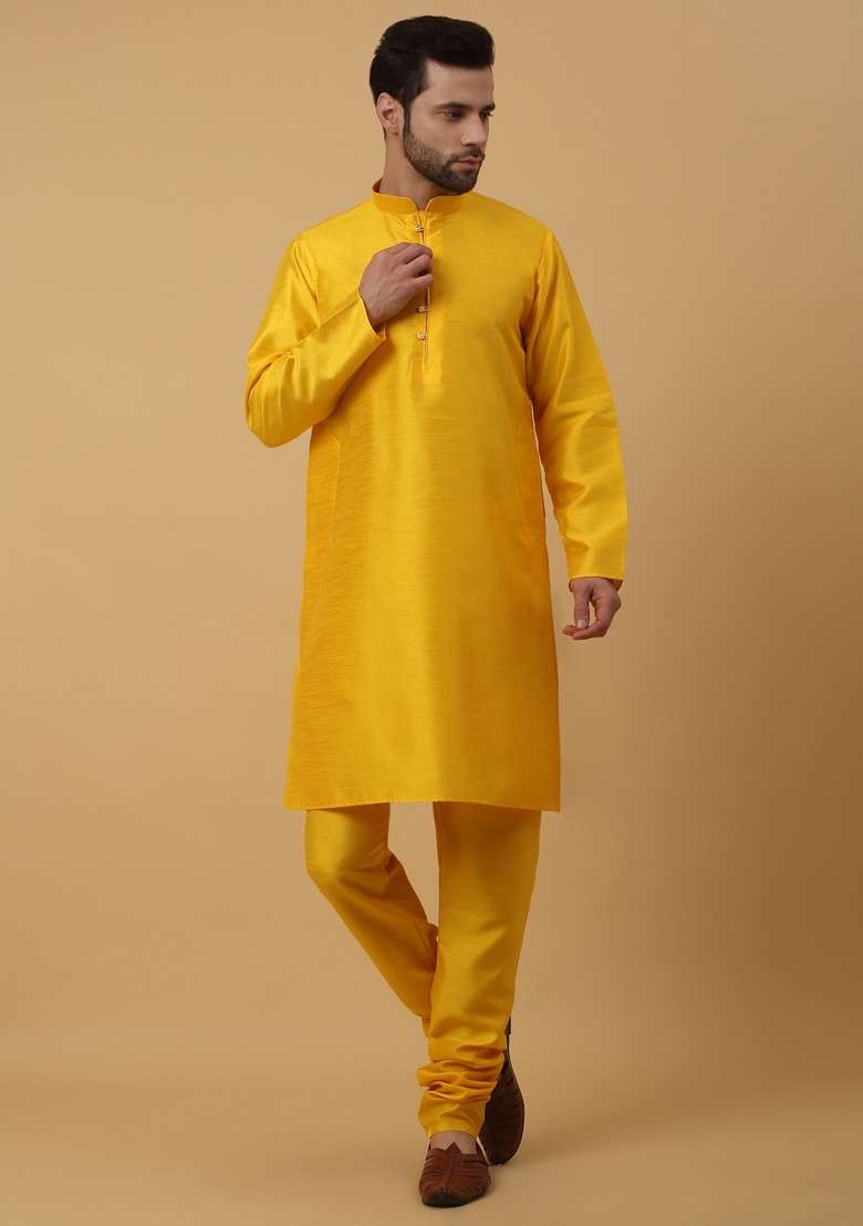 Yellow Embroidered Silk Blend Nehru Jacket Set For Men - Indya