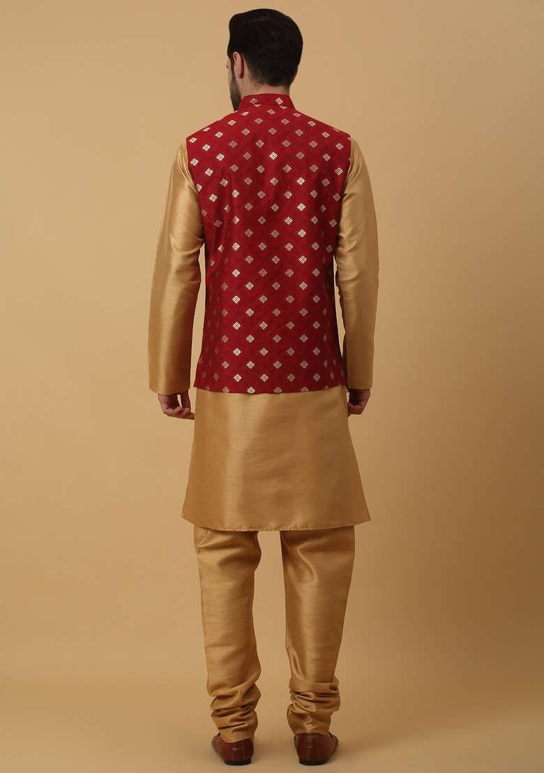 Gold And Red Embroidered Silk Blend Nehru Jacket Set For Men - Indya