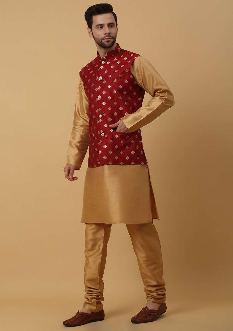 Gold And Red Embroidered Silk Blend Nehru Jacket Set For Men - Indya