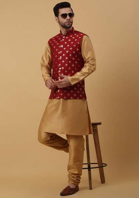 Gold And Red Embroidered Silk Blend Nehru Jacket Set For Men