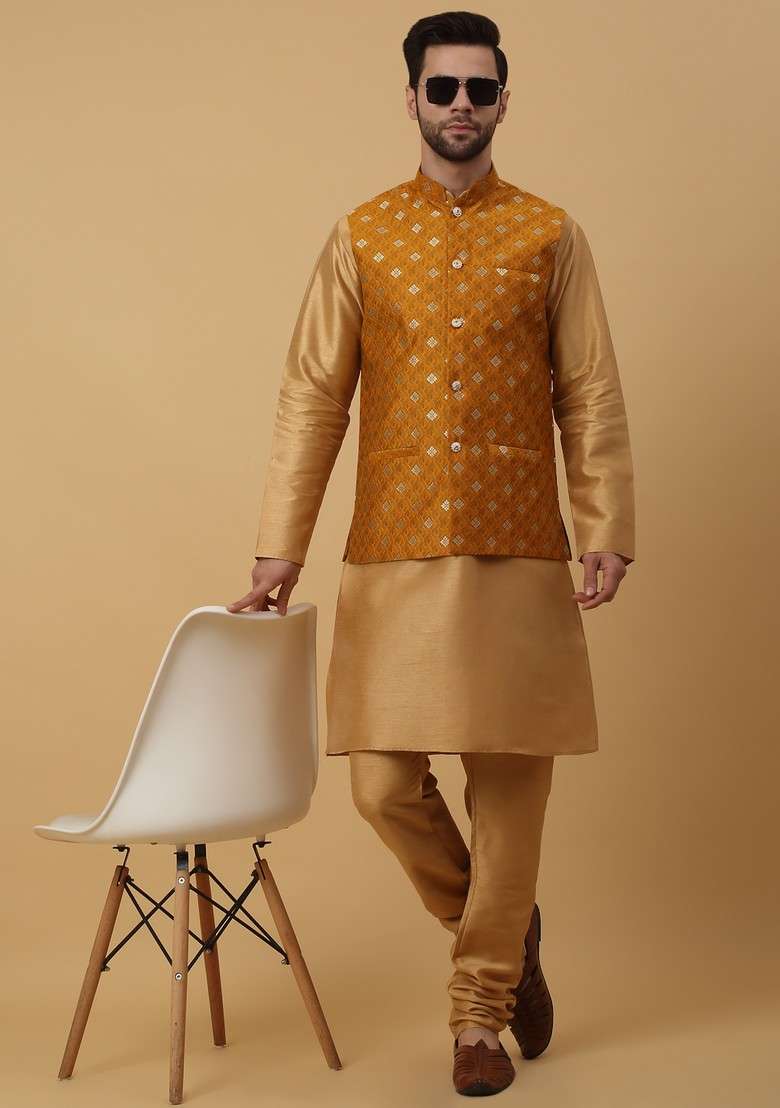 Gold And Yellow Embroidered Silk Blend Nehru Jacket Set For Men - Indya