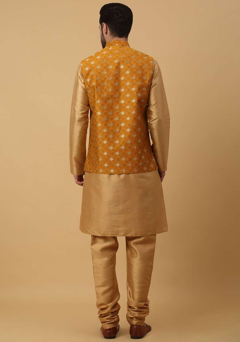 Gold And Yellow Embroidered Silk Blend Nehru Jacket Set For Men - Indya