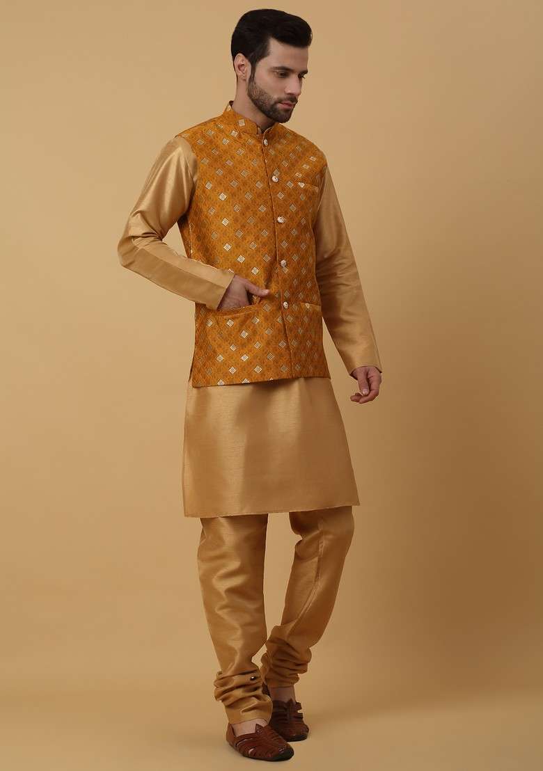 Gold And Yellow Embroidered Silk Blend Nehru Jacket Set For Men - Indya