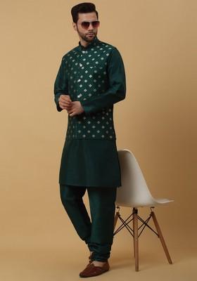Green Embroidered Silk Blend Nehru Jacket Set For Men