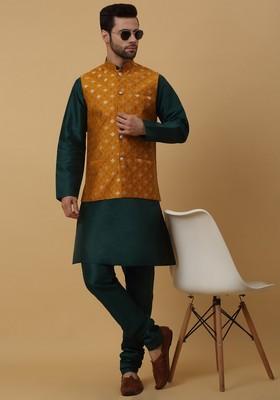 Green And Yellow Embroidered Silk Blend Nehru Jacket Set For Men