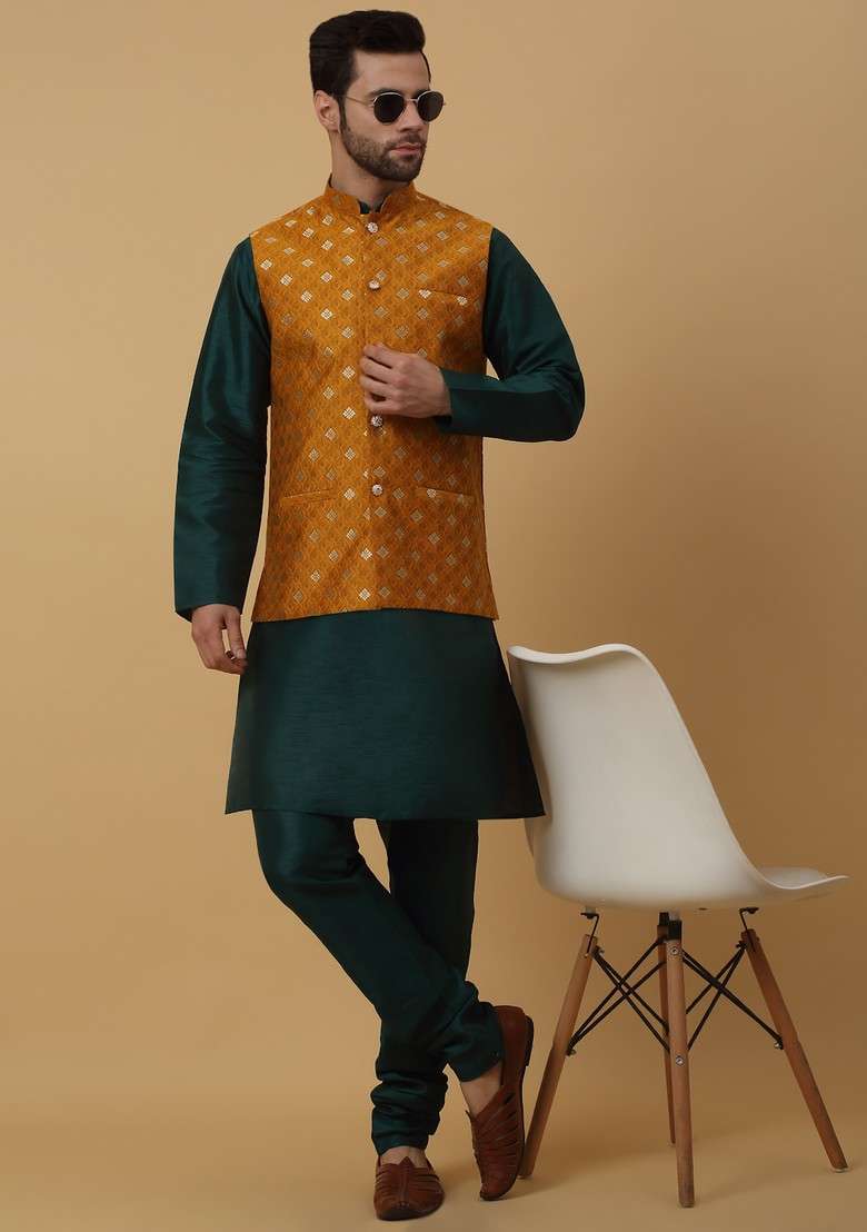 Green And Yellow Embroidered Silk Blend Nehru Jacket Set For Men - Indya
