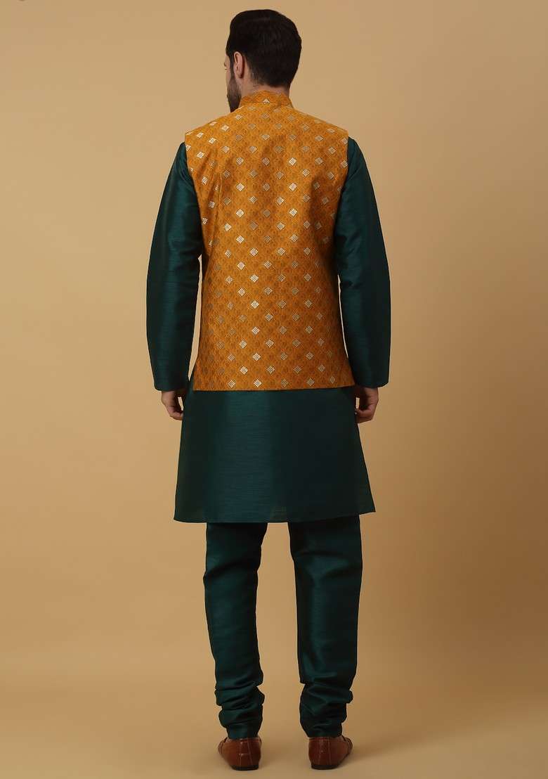 Green And Yellow Embroidered Silk Blend Nehru Jacket Set For Men - Indya