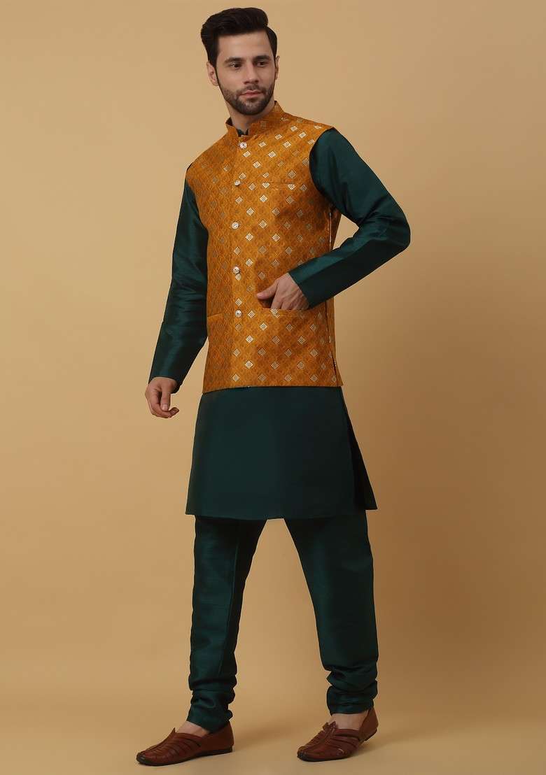 Green And Yellow Embroidered Silk Blend Nehru Jacket Set For Men - Indya