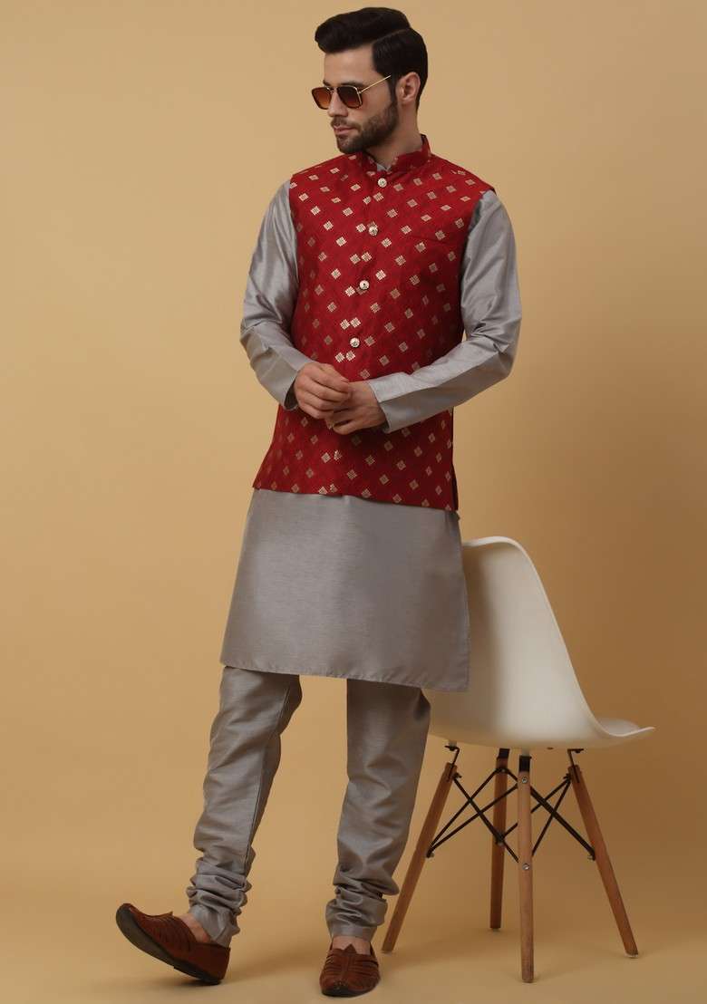 Grey And Red Embroidered Silk Blend Nehru Jacket Set For Men - Indya