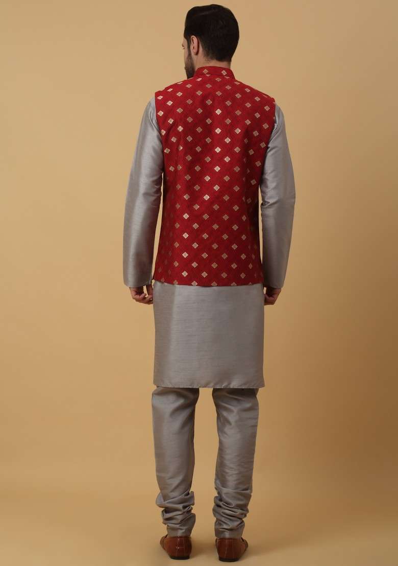 Grey And Red Embroidered Silk Blend Nehru Jacket Set For Men - Indya