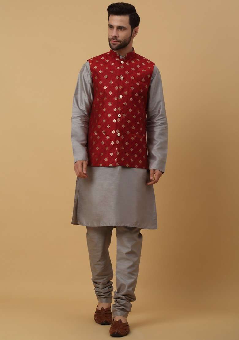 Grey And Red Embroidered Silk Blend Nehru Jacket Set For Men - Indya