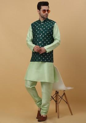 Sea Green And Green Embroidered Silk Blend Nehru Jacket Set For Men
