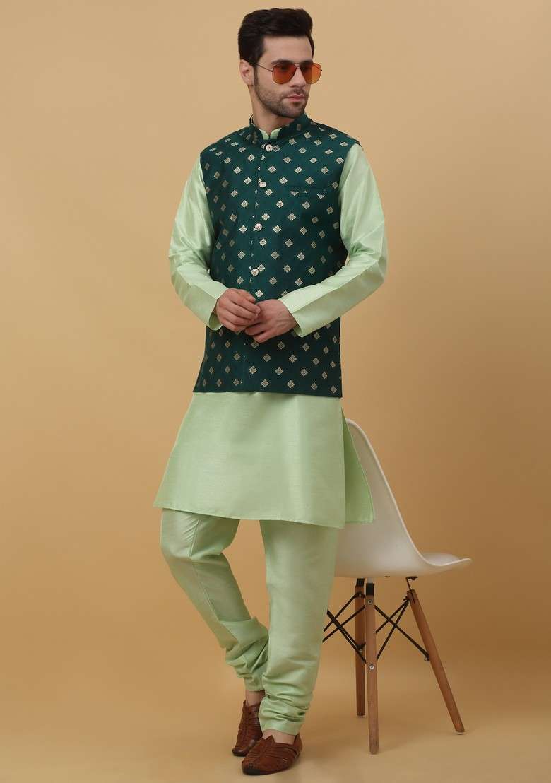 Sea Green And Green Embroidered Silk Blend Nehru Jacket Set For Men - Indya