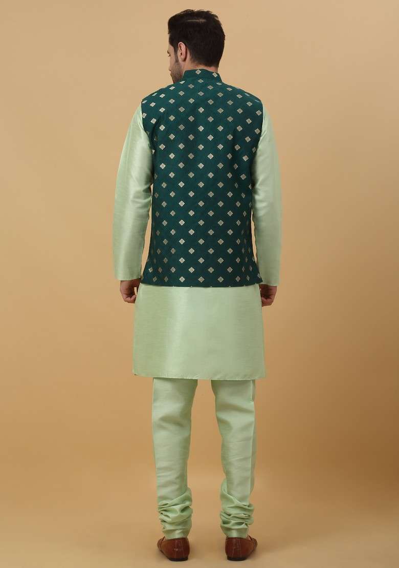 Sea Green And Green Embroidered Silk Blend Nehru Jacket Set For Men - Indya