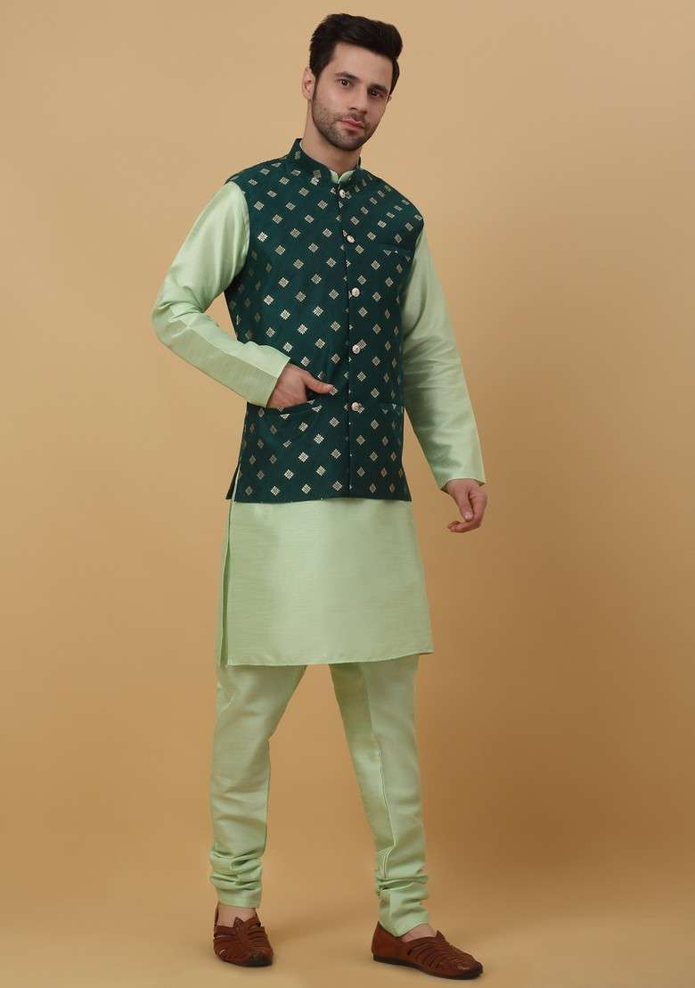 Sea Green And Green Embroidered Silk Blend Nehru Jacket Set For Men - Indya